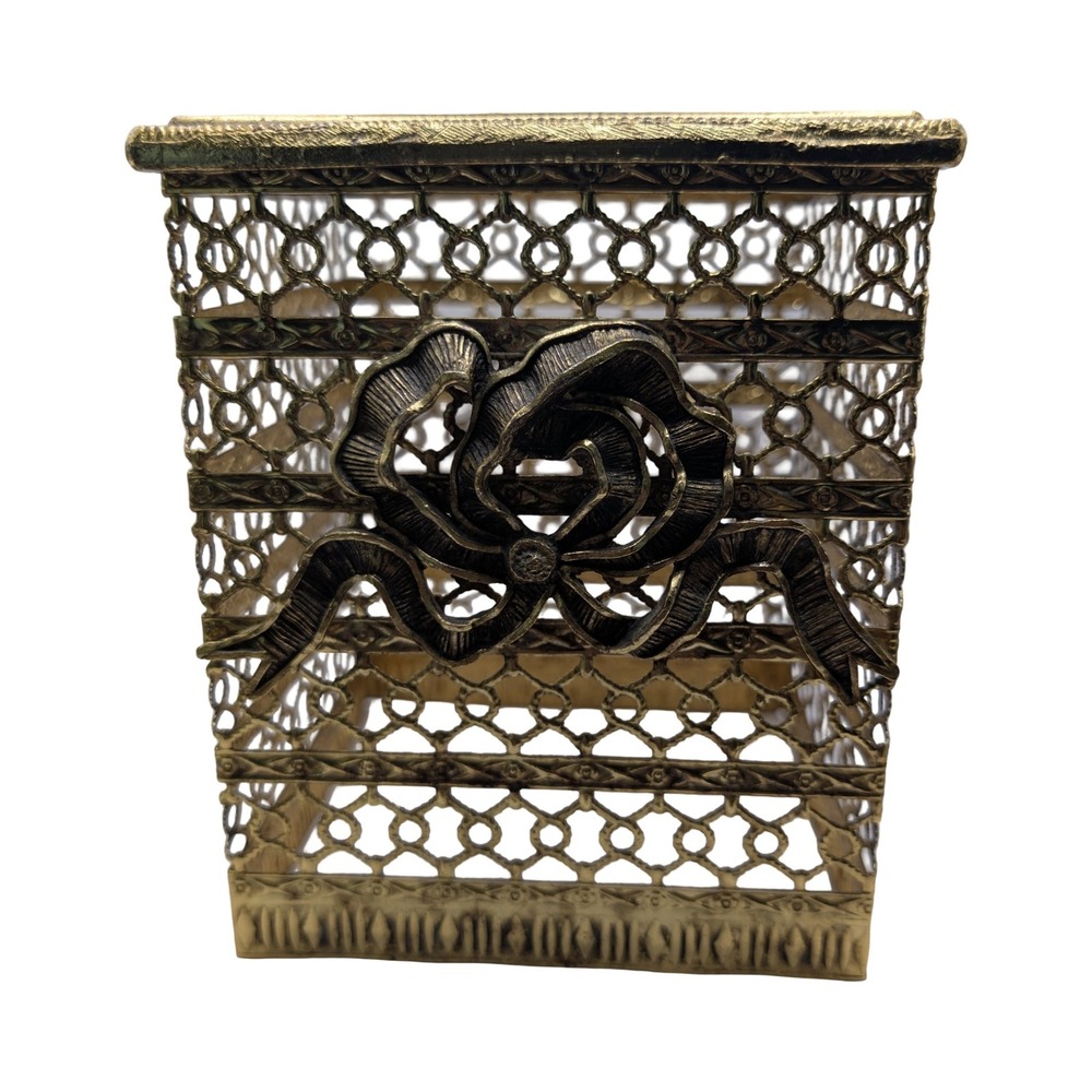 Vintage Brass Filigree Tissue Box Cover w/ Rose Hollywood Regency Floral Vanity